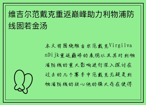 维吉尔范戴克重返巅峰助力利物浦防线固若金汤